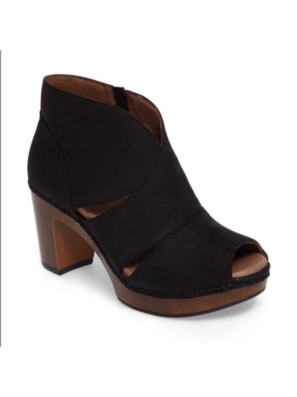 Dansko Delphina Black Nubuck Leather Peep Toe Platform Ankle Booties Womens 38
